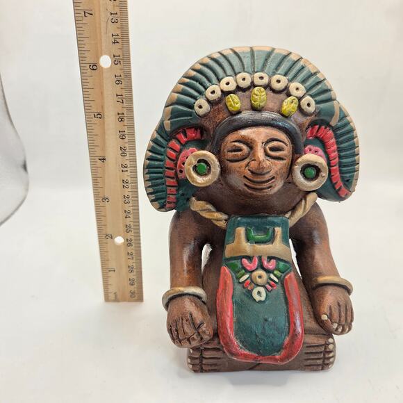 Vintage Mexican Hand Painted Clay Aztec Style Figure Statue 6.5" Folk Art - Picture 15 of 16